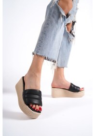 Resim Reına Dolgu Topuklu Ortopedik Taban Hasır Görünümlü Kadın Terlik Ckt - Siyah Siyah 