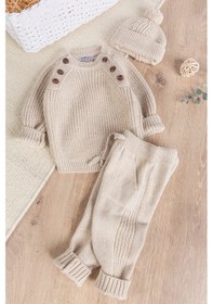 Resim Bereli Triko Kışlık Erkek Bebek Takım Bej 