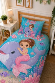 Resim Evmila Karikatüristik Deniz Kızı Temalı Nevresim Takımı - 100x150 cm Nevresim ( Bebek Boy Özelleştirilmiş ) + 35x45 cm Yastık Kılıfı 