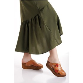 Resim İç Dış Hakiki Deri Dolgu Taban Önü Tokalı Sabo Model Kadın Terlik Taba 