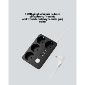 Resim Die Grup 3 USB Çıkışlı 4’lü Akıllı Priz 2500W 2 Metre Kablo DIEGRP-3402 
