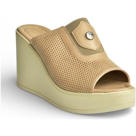 Resim Fox Shoes Y555250703 Bej Hakiki Deri Dolgu Topuklu Kadın Terlik Bej 
