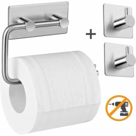 Resim DELTAHOME Paslanmaz Çelik Tuvalet Kağıtlığı Aparatı + 2 Askılık - Kendinden Yapışkanlı montaj - Vida Yok! 