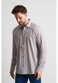 Resim Alexandergardı Çizgili Uzun Kollu Erkek Keten Gömlek Eg-1866 Taş 