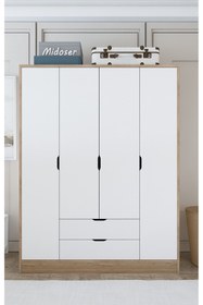 Resim midoser Nisan Açık Ceviz-beyaz 140 Cm 4 Kapılı 2 Çekmeceli Elbise Dolabı - Gardırop 