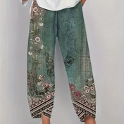 Resim Şık Vintage Çiçekli Capri Pantolon - Cepli Rahat Elastik Bel, Polyester ve Elastan Karışımı, Örme Kumaş, İlkbahar/Yaz/Sonbahar 