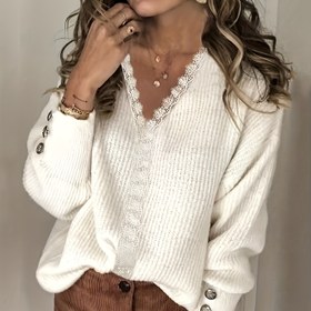 Resim Kadınlar İçin Şık V Yaka Örgü Kazak - Yumuşak Bol Kesim Uzun Kollu Düğmeli Üst, Düz Renk Sonbahar/Kış Giyim için Günlük ve Resmi Kıyafetler 