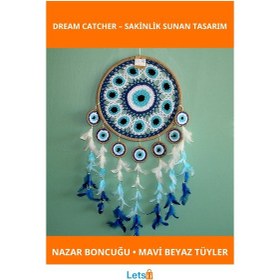 Resim Mavi Beyaz Tüy Ve Nazar Boncuğu Detaylı Rüya Kapanı Dream Catcher 1 Adet 