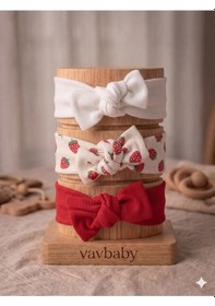Resim Kız Bebek 3 Lü Ribana Fiyonklu Bandana Seti - Çilek Beyaz - Kırmızı 