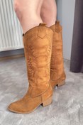 Resim Preshley Kadın Jasire Taba Süet Nakışlı Western Kovboy Cowgirl Bot Çizme 