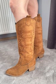 Resim Preshley Kadın Jasire Taba Süet Nakışlı Western Kovboy Cowgirl Bot Çizme 