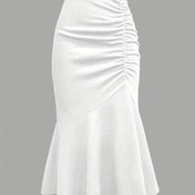 Resim Her Gün Rahatlık için Şık Yüksek Bel Pileli Denizkızı Midi Etek Kadınlar İçin - Beyaz, Esnek Polyester Karışımı, Yan Detaylı Büzgülü, Makinede Yıkanabilir, Her Mevsim Giyilebilir, Çok Yönlü Kullanım | Pileli Tasarım | Zarif Drap 