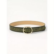 Resim Lüks bir his için renk püskürtmesi özelliği olan şık, unisex yeşil suni deri casual kemer, günlük giyim ve çıkışlar için uygun, çok yönlü modaya uygun metal fermuar. 