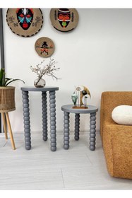 Resim AYLESA Doğal Ahşap 2’li Set Boncuk Ayaklı Yan Sehpa Modern Antrasit Fiskos Zigon Çiçeklik 