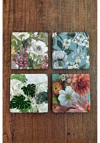 Resim Doğal Taş Bardak Altlığı Tropikal Desenler Baskılı 4'lü Set Çok Renkli 