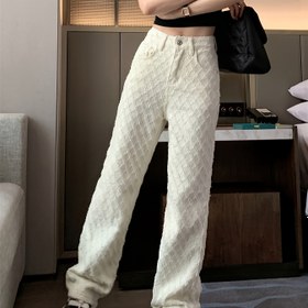 Resim Kadınlar için Bej Dokulu Kumaş Düz Renk Bol Kesim Kot Pantolon, Cep Detaylı Bol Kesim Kot Pantolon 