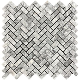 Resim TUQCO Doğaltaş Fileli Herringbone Gümüş Honlu Mermer Mozaik 