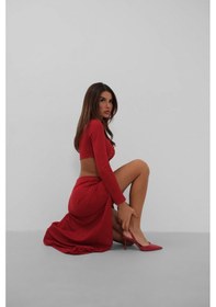 Resim Soonaksesuar Yırtmaçlı Etek Ve Crop Bluz Takım Kırmızı 