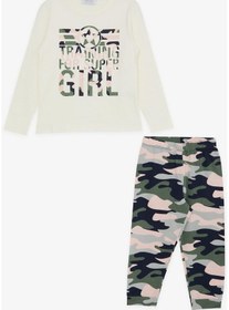 Resim Macawı Kız Çocuk Pijama Takımı Kamuflaj Desenli 3-8 Yaş, Krem-krem Krem 