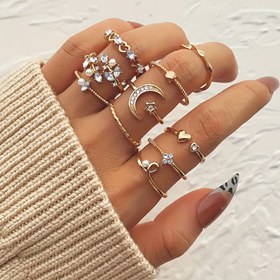 Resim 10 adet Vintage Zarif Taşlı Yaprak Yıldız Ay Kalp Yığın Yüzükler, Günlük Giyim ve Tatil Hediyesi için Mükemmel. 