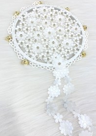 Resim ZEYMERADE Beyaz Çiçekli Parlak Taşlı Gelin Tefi, Düğün Kına Söz Sünnet Bekarlığa Veda Bride Zilli 25cm, 1 Adet 
