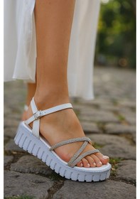 Resim Günlük Kadın Sandalet Taş Bantlı Ayarlanabilir Tokalı Yüksek Kalın Topuk Tırtıklı Taban Bantlı 279 Beyaz 