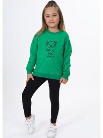 Resim Toontoy Kids Toontoy Kız Çocuk 2'li Takım Baskılı Bisiklet Yaka Düşük Omuz Sweatshirt & Basic Düz Tayt Çimen Yeşili 