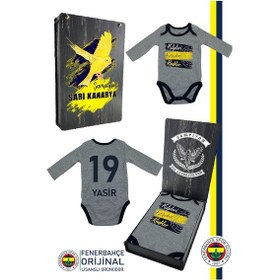 Resim Fenerbahçe Lisanslı Kişiye Özel Kalpleri Fetheden Renkler Bebek Body Zıbın Hediyelik Ahşap Kutulu Gri 