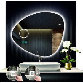 Resim GLOBAL LED MIRROR 80 Cm Çapında Buğu Çözücülü Dokunmatik Ledli Makyaj Aynalı Asimetrik Banyo Aynası Led Işıklı 