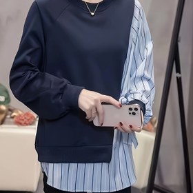 Resim Kadınlar için Rahat Asimetrik Çizgili Kazak - Mavi ve Beyaz, Bol Kesim, Bahar/Sonbahar için Mükemmel, Sonbahar Rahat Giyim | Asimetrik Uç | Kazak Cebi, Kazak Kapüşonlu 