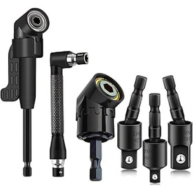 Resim 6 parça Sağ Açı Matkap Bağlantı Seti, 3 adet 360° Dönebilen 1/4 3/8 1/2" Darbe Sınıfı Soket Adaptörleri, 2 adet Altıgen Saplı 105° Açılı Matkap Adaptörü ve 90° Eğimli Matkap Uçları içerir 