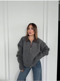 Resim Deri Yakalı Pamuk Dokulu Çift Taraflı Çalışan Fermuar Ceket - Füme Füme 