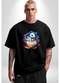 Resim Sevimli Bebek Ejderha Elmas Yumurta Pamuklu Bisiklet Yaka Unisex Oversize Boyfriend Dijital Baskılı Siyah T-shirt Siyah 