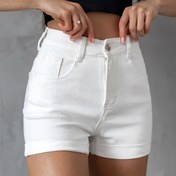 Resim Kadınların Yüksek Bel Esnek Denim Şortları - Düğme Kapatma ile Düz Renkli Rahat İş Giyimi, Ofis ve Rahat Kıyafet için Tüm Mevsim Konforu, Çok Yönlü Moda, Yüksek Bel Şortlar 