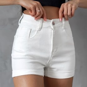 Resim Kadınların Yüksek Bel Esnek Denim Şortları - Düğme Kapatma ile Düz Renkli Rahat İş Giyimi, Ofis ve Rahat Kıyafet için Tüm Mevsim Konforu, Çok Yönlü Moda, Yüksek Bel Şortlar 