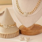 Resim Şık Bling Kalp Şeklinde Takı Seti - Alaşım Kolye, Küpe & Bilezik Kombini, Kadınlar için Günlük Kıyafet & Partiler için Mükemmel Taşlı Vurgular 