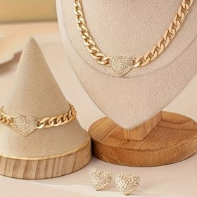 Resim Şık Bling Kalp Şeklinde Takı Seti - Alaşım Kolye, Küpe & Bilezik Kombini, Kadınlar için Günlük Kıyafet & Partiler için Mükemmel Taşlı Vurgular 