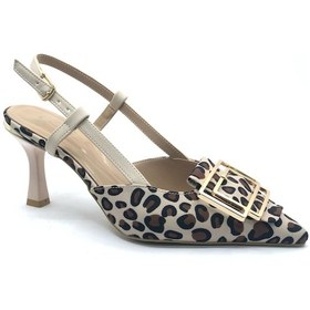 Resim Feles Önü Toka Detaylı Arkası Açık Stiletto Kadın Topuklu Ayakkabı Leopar 