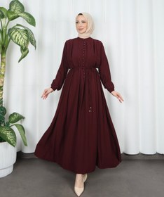 Resim HNT Hayrunnisa Tesettür Biritli Bağcıklı Tesettür Elbise Bordo HNT7134 