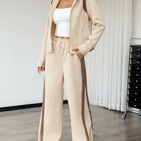 Resim Kadın Şık Renk Bloklu Kapüşonlu Fermuarlı Üst & Düz Paça Pantolon Takımı - Uzun Kollu, İpli Bel, Cepli, İlkbahar/Sonbahar için Günlük İki Parça Kombin, Günlük Giyim|Kapüşonlu Üst|Fermuarlı Ceket 