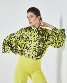 Resim Serpil Exclusive Kadın Leopar Desenli Gömlek - Balon Kol - Saten - Modern Ve Şık Tasarım - Günlük Ve Özel Gün Kullanımı İçin Gömlek Sarı 
