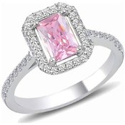 Resim Gümüş Rodyumlu Pırlanta Montürlü Pembe Baget Taşlı Yüzük 