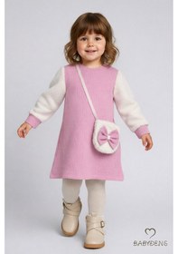 Resim Babyden's Bayramlık Şık Ve Rahat Kız Bebek Elbise Çantalı Yumuşak Peluş Kollu Kışlık Çocuk Kombini Pembe 