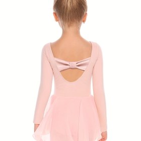 Resim Kızlar için Uzun Kollu Bale Leotarı ve Fiyonklu Sırt - Dans, Jimnastik & Performanslar için Düz Renk Şifon Tutu Elbise, Üçgen Taban, Saf Renk 