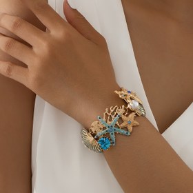 Resim Deniz Yıldızları, Mercan ve Deniz Kabukları ile Nautik Renkli Taş ve Çinko Alaşım El Bilekliği - Parti ve Kutlamalar İçin Mükemmel 