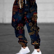 Resim Erkek Rahat Polyester Örgü Pantolon, Normal Kalıp, 3D Soyut Tribal Desen Baskılı, Bağcıklı ve Cepli 