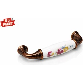Resim Berfino 315/096/07-015 (5'li) Gerçek Porselen Kulp - Antik Bakır Ayaklı Çekmece & Dolap Kulpu (96 Mm) 