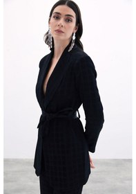 Resim Sateen Kare Desenli Kuşaklı Ceket - Siyah-135788 Siyah 