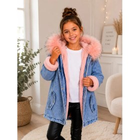 Resim Burçak Butik Kız Çocuk Kapüşonlu Içi Peluş Kürklü Kot Mont Kaban - Kışlık 