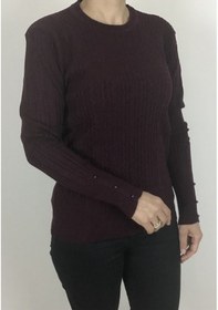 Resim Saç Örgü Desenli Kalın Likralı Kolları Boncuk Detaylı Bluz Bordo 